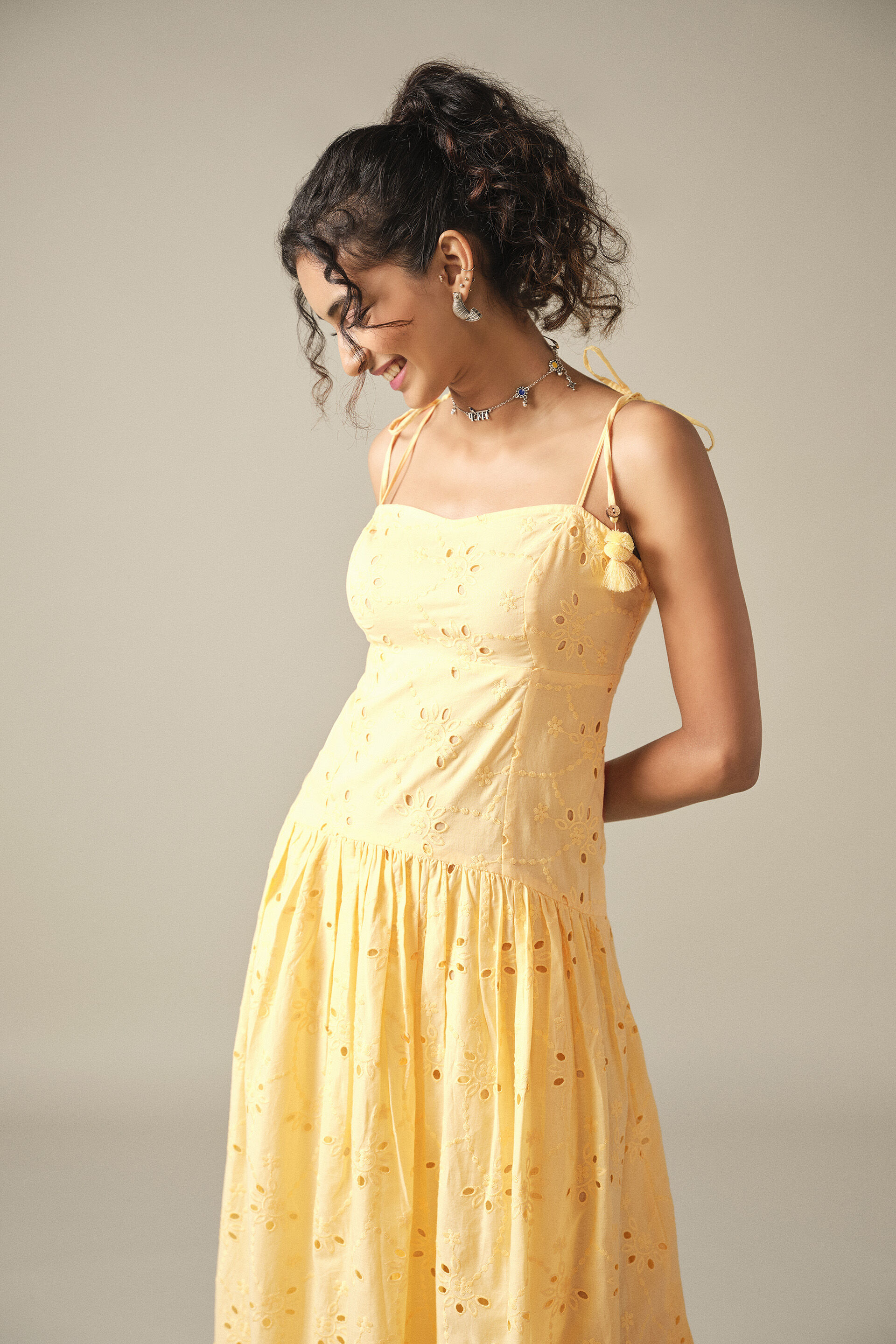 Drop Waist Cotton Summer Dress in Yellow, Yellow, image 3